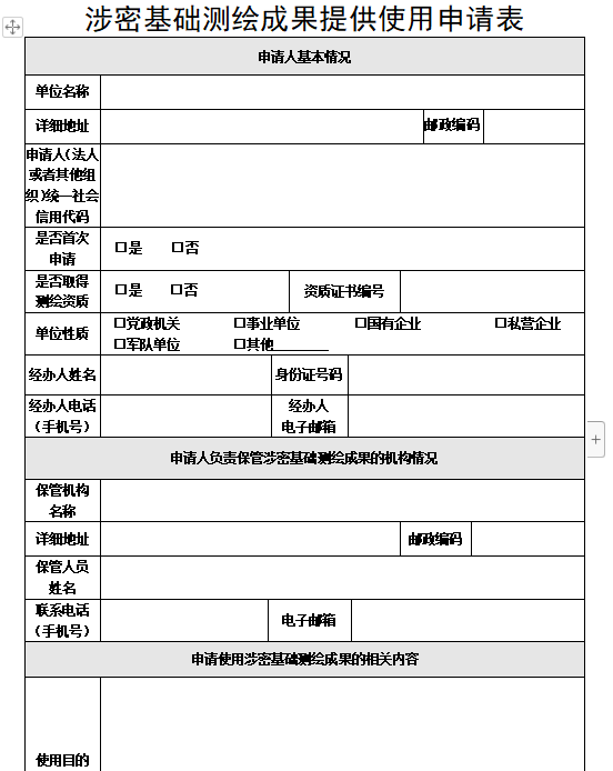 涉密基础测绘成果提供使用申请表