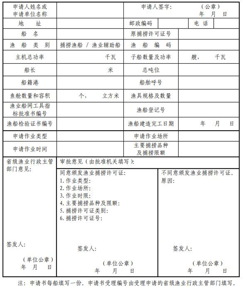 公海渔业捕捞许可证申请书